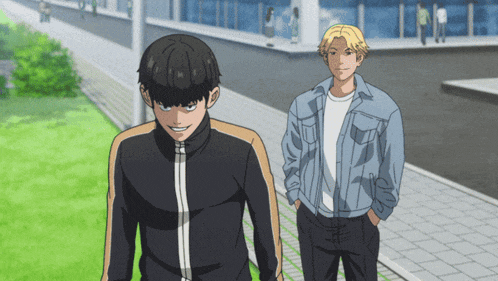 two anime characters are walking down a sidewalk
