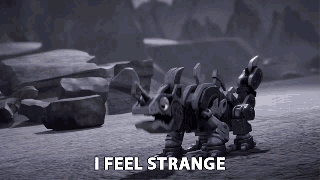 a robot says " i feel strange " in front of a rocky area