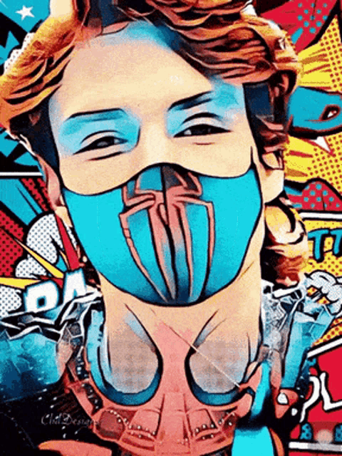 a cartoon drawing of a man wearing a blue mask with a shield on it