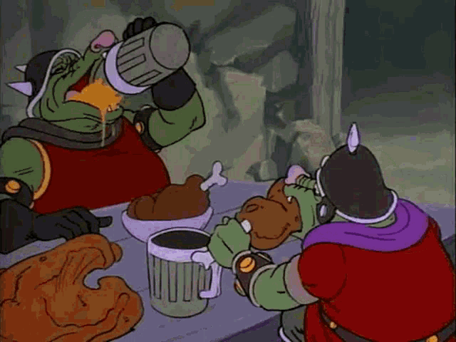 two cartoon characters are sitting at a table eating food and drinking beer