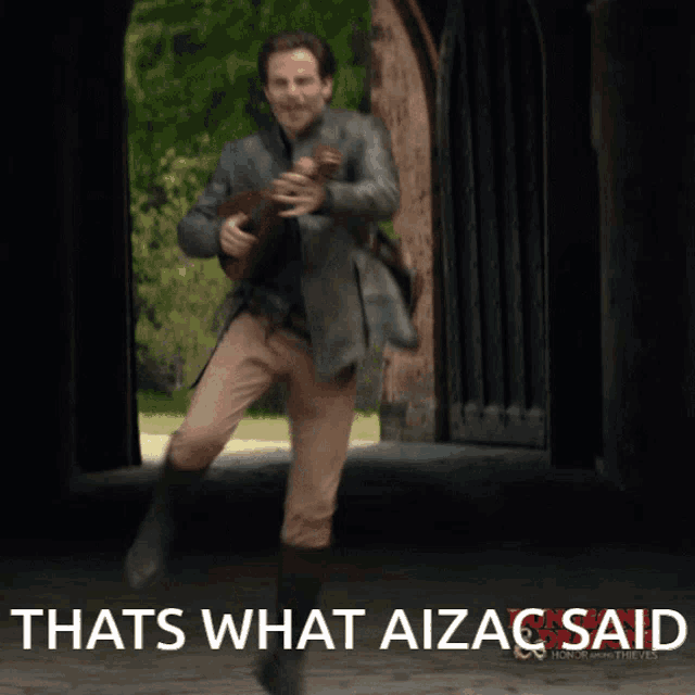 a man playing a guitar with the words " thats what aizag said " behind him