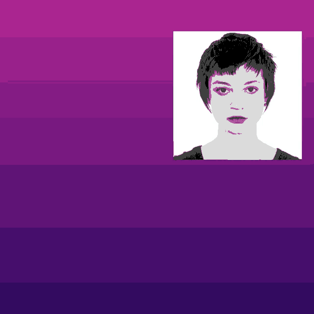 a woman 's face is shown in a black and white photo on a purple background