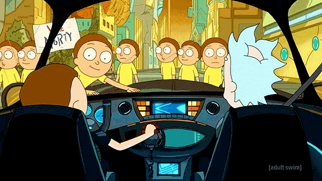 rick and morty are in a car with a sign that says " be happy "