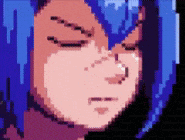 a pixel art of a person with blue hair