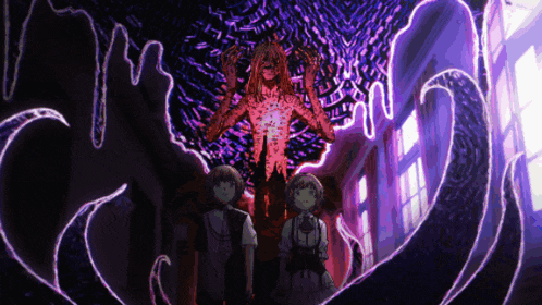 a group of people standing in front of a monster