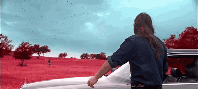 a man leaning on the windshield of a car in a red field