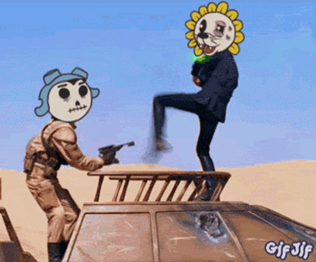 a cartoon character with a flower on his face is standing on a car roof