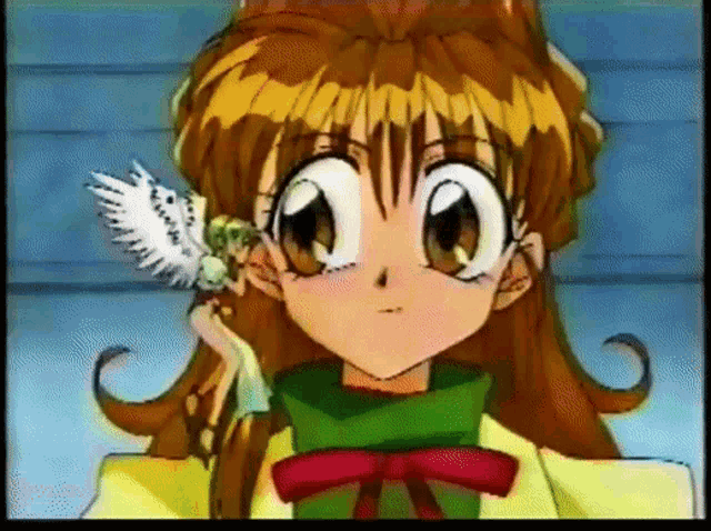 a close up of a cartoon character 's face with a feather in her hair