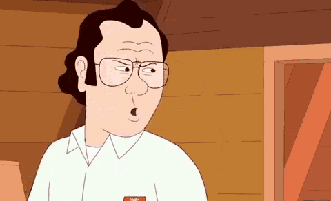 a cartoon of a man wearing glasses and a badge that says ' hello ' on it