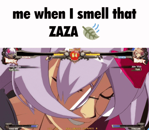 a screenshot of a video game with the words " me when i smell that zaza " at the top