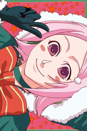 a cartoon of a girl with pink hair and purple eyes
