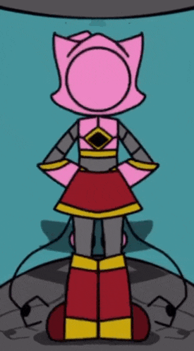 a cartoon drawing of a robot with a pink head and red skirt