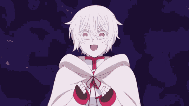 a girl with white hair and green eyes is wearing a white cape and red gloves
