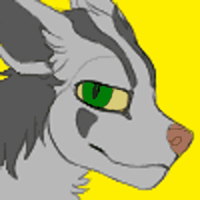 a cartoon drawing of a wolf with green eyes on a yellow background .