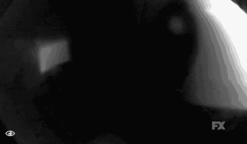 a close up of a person 's eye in a black and white photo with the fx logo in the corner .