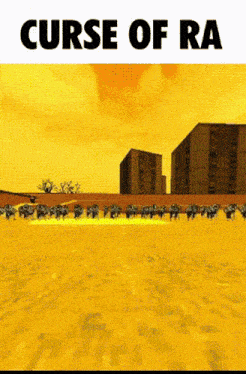 a poster for curse of ra shows a yellow field with buildings in the background