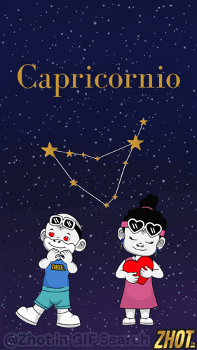 a cartoon of a boy and a girl with the constellation capricornio