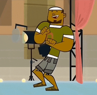a cartoon character is standing in front of a pink curtain .