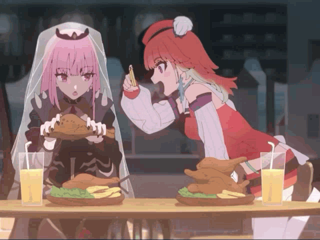 two anime girls are sitting at a table with food