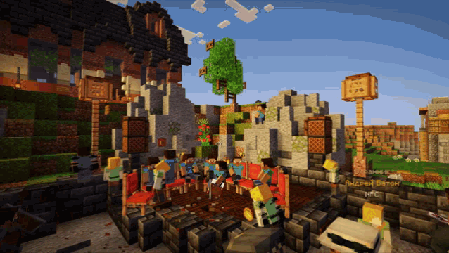 a screenshot of a minecraft game shows a group of people gathered around a table