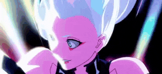 a close up of a cartoon character with white hair and blue eyes holding a sword .