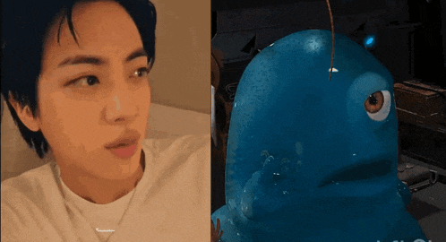 a close up of a person 's face next to a picture of a blue monster