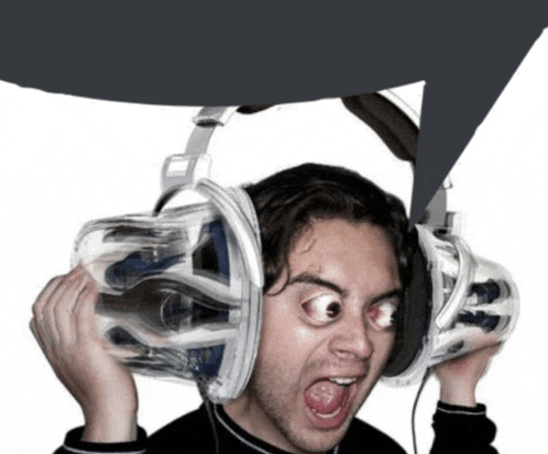 a man wearing a pair of headphones with a speech bubble above him