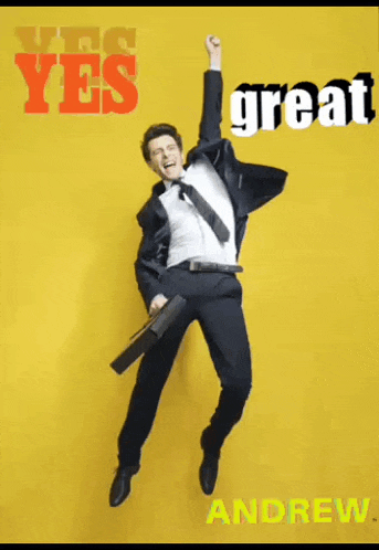 a man in a suit and tie is jumping in the air with the words " great andrew " on the bottom