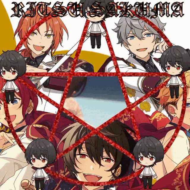 a group of anime characters are surrounded by a pentagram and the name ritsu sakura is on the bottom