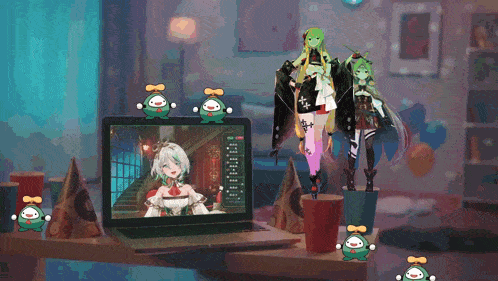 a laptop is open to a video game with a girl on the screen