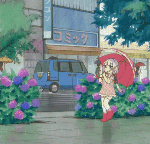 a girl is holding an umbrella in the rain in front of a store that says comics