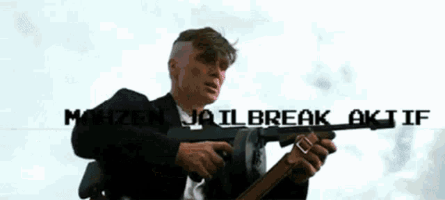a man in a suit is holding a gun in a field with mahze ii ak aktif written above him