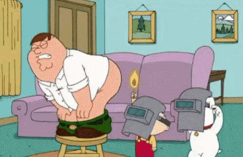 peter griffin is sitting on a stool with his pants down in a family guy cartoon .
