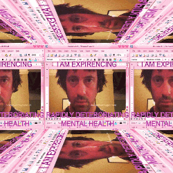 a man 's face is surrounded by pink frames that say i am expirencing