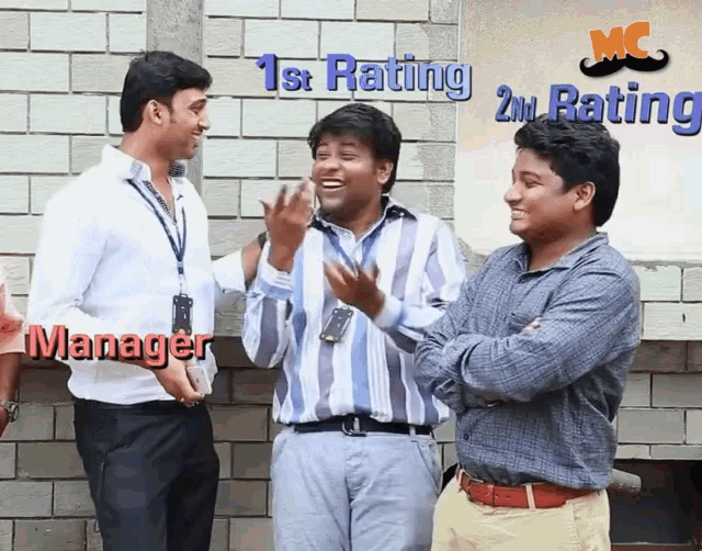 three men are standing in front of a brick wall with the words 1st rating 2nd rating written above them