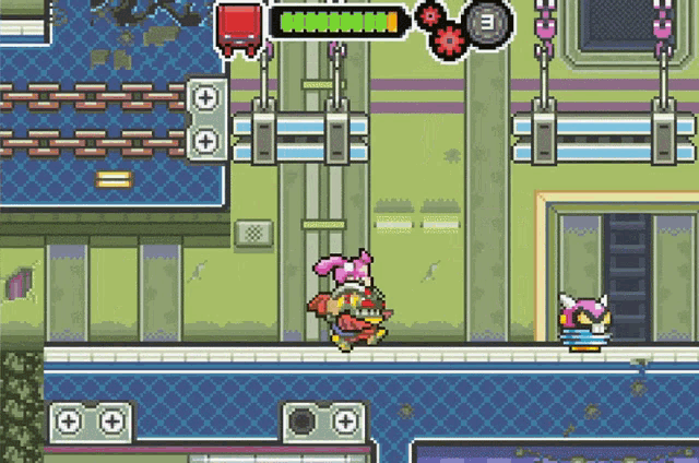 a pixel art game shows a cartoon character with a purple head and a red head