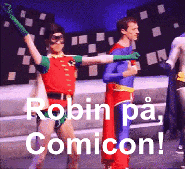 a group of people dressed in superhero costumes with the words " robin pa comicon "