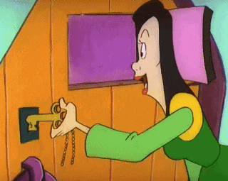 a cartoon woman is trying to open a door with a key in her hand .