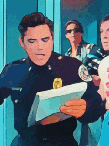 a cartoon of a police officer looking at a tablet