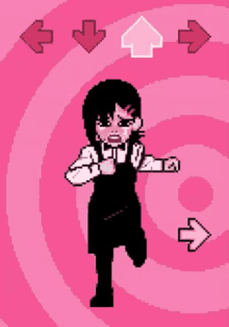a pixel art of a girl in a bow tie standing in front of a pink background