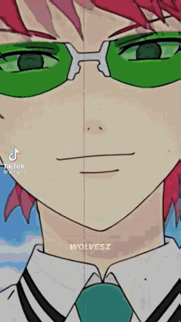 a close up of a person 's face wearing green glasses and a tie .