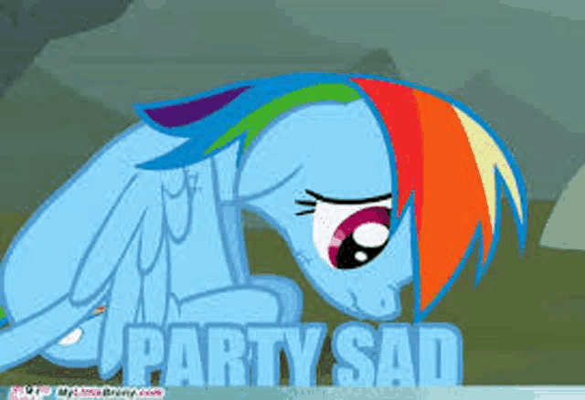 rainbow dash from my little pony laying down with the words party sad above her