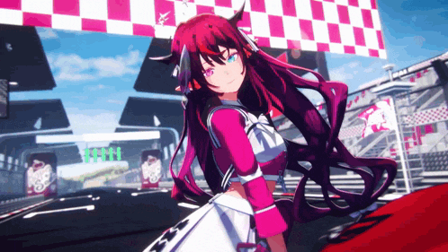 a girl with red hair and blue eyes is standing in front of a checkered flag that says ' hhh ' on it