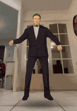 a cartoon of a man in a suit and bow tie is jumping in the air