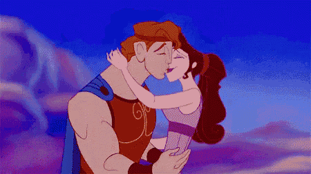 a cartoon of hercules and megara kissing in the sky