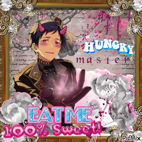 a framed picture of a man with horns and the words eat me 100 % sweet