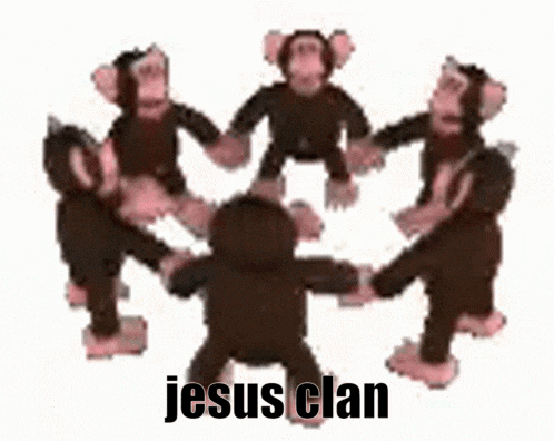 a group of stuffed monkeys are dancing in a circle with the words `` jesus clan '' above them .