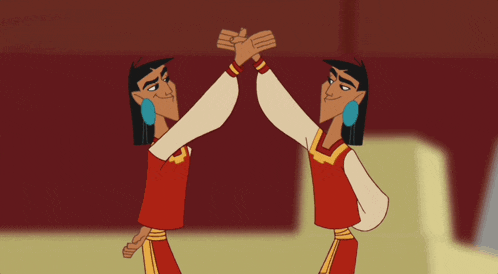two cartoon characters are giving each other high fives