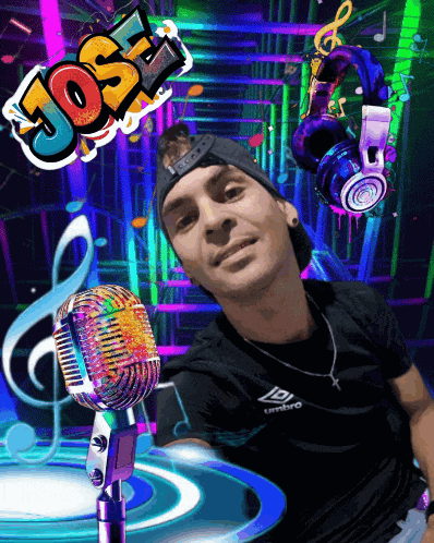 a man in a black shirt stands in front of a microphone with the word jose behind him