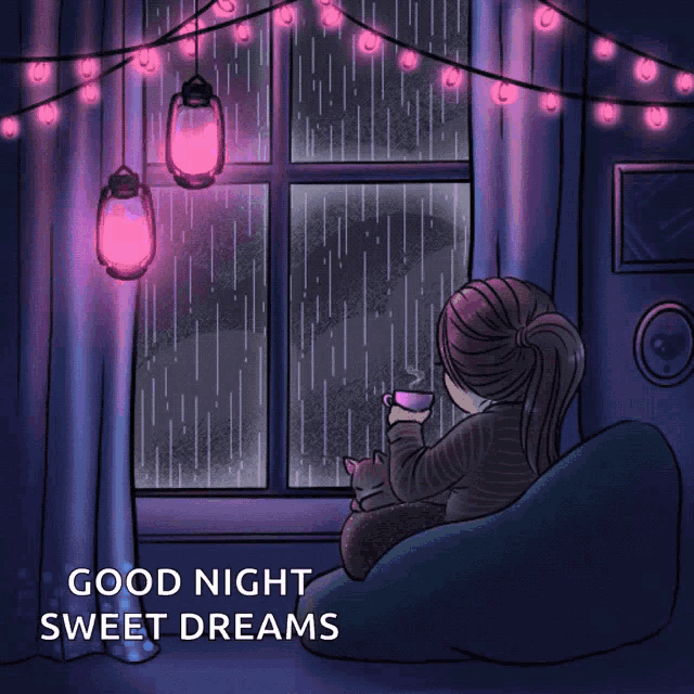 a cartoon of a girl sitting in front of a window with the words good night sweet dreams written below her